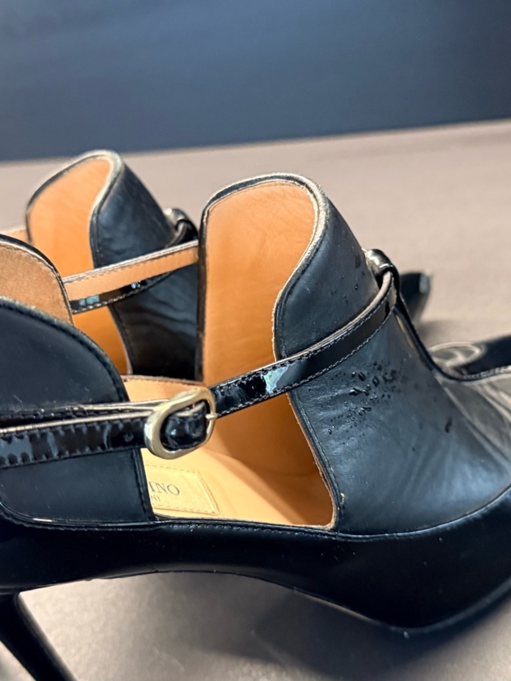 Valentino Black Patent Mary Jane Heeled Pumps with Tan Interior